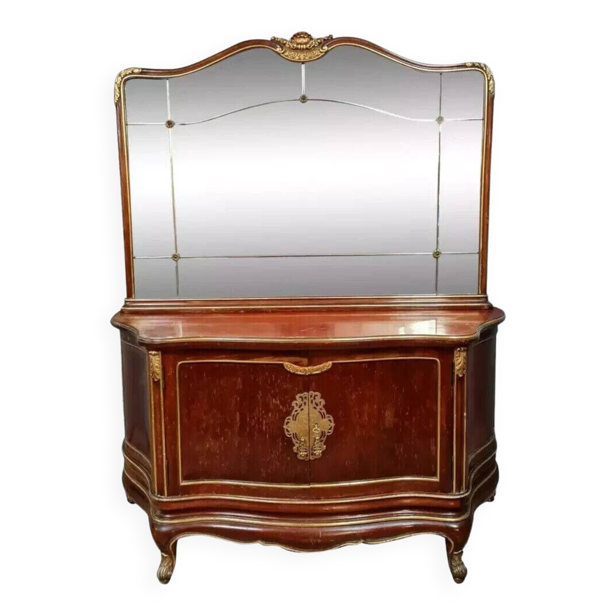 Japanese-style curved door chest of drawers in mahogany and gilded wood sold with its psyche mirror