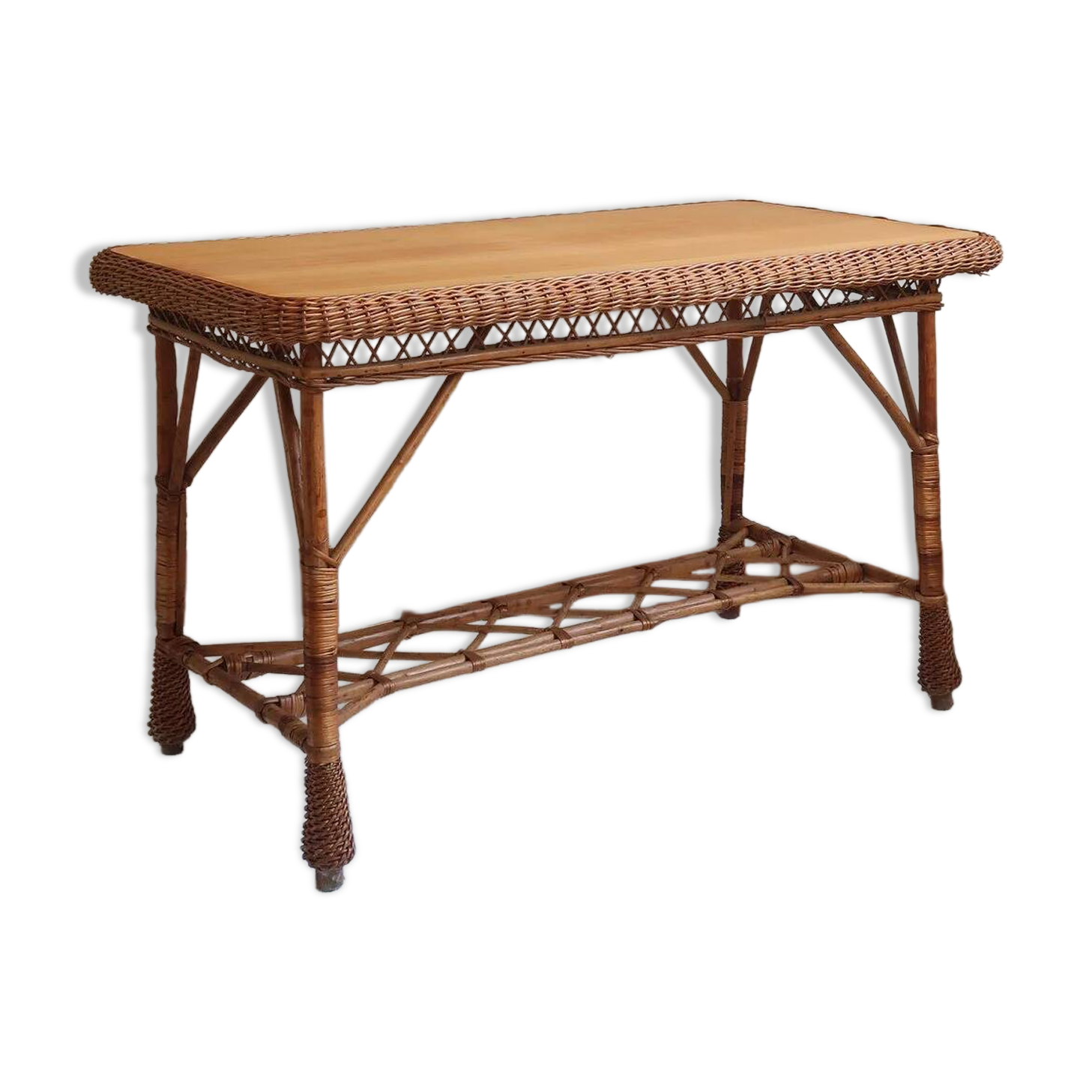 Table à manger en rotin et osier, plateau en hêtre, années 60
