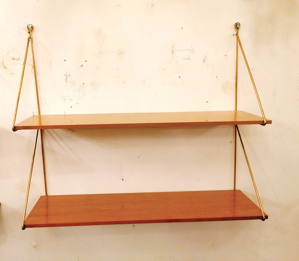 Modular shelves, laminated wood, gilded metal, 1960