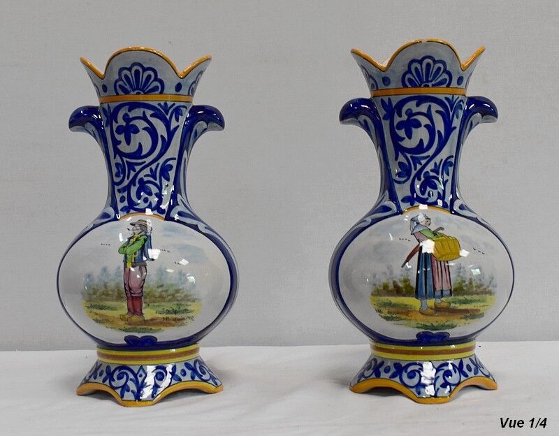 Pair of vases in quimper earthenware - late nineteenth