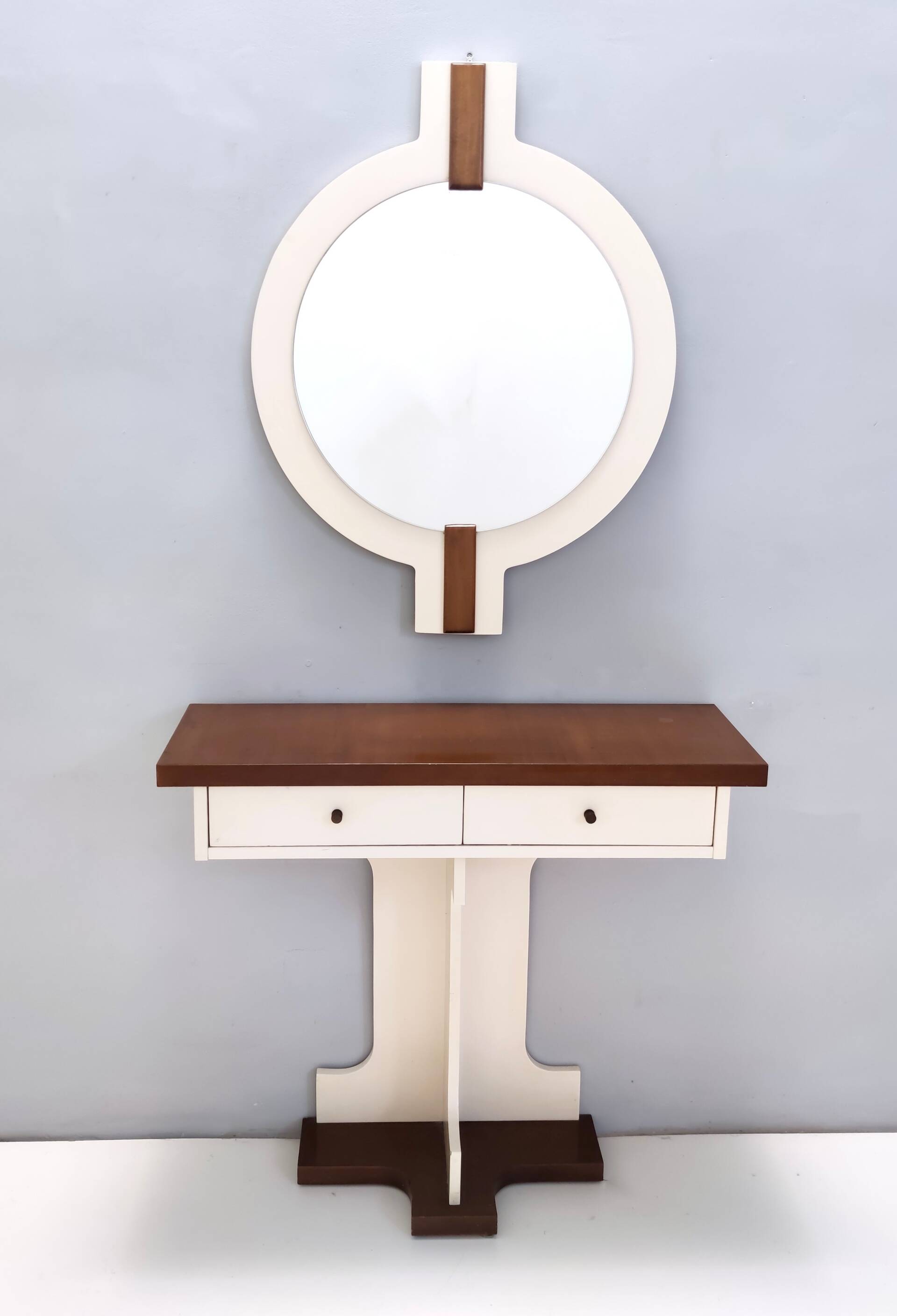 Miroir mural et console postmoderne en noyer laqué ivoire, Italie