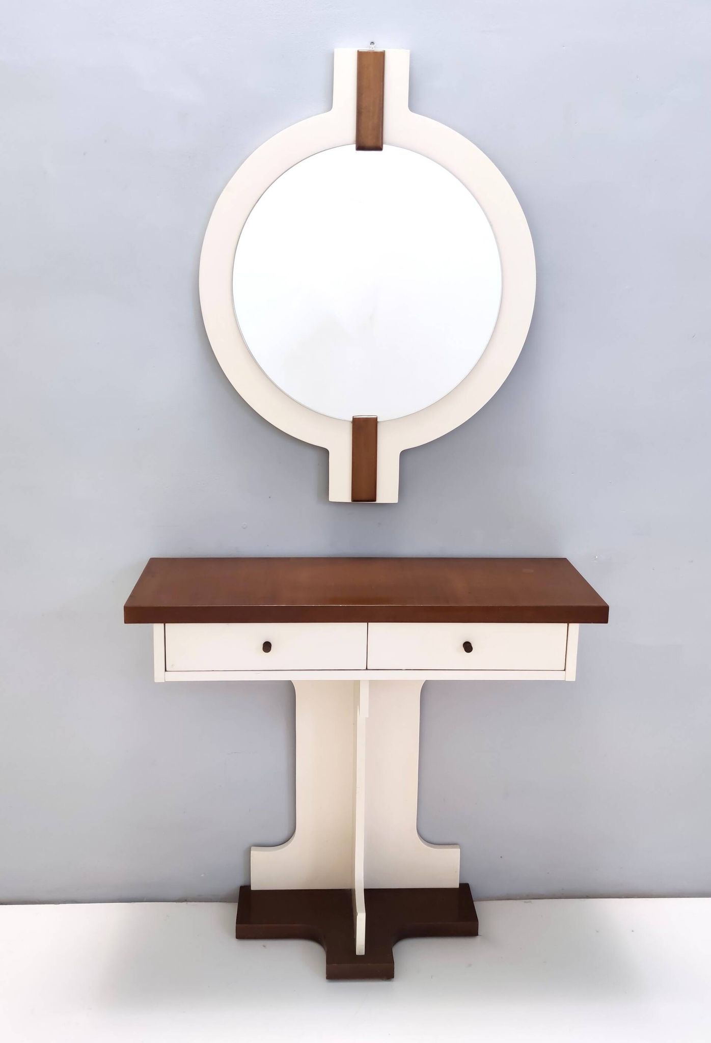 Postmodern Ivory Lacquered Walnut Wall Mirror and Console Table, Italy