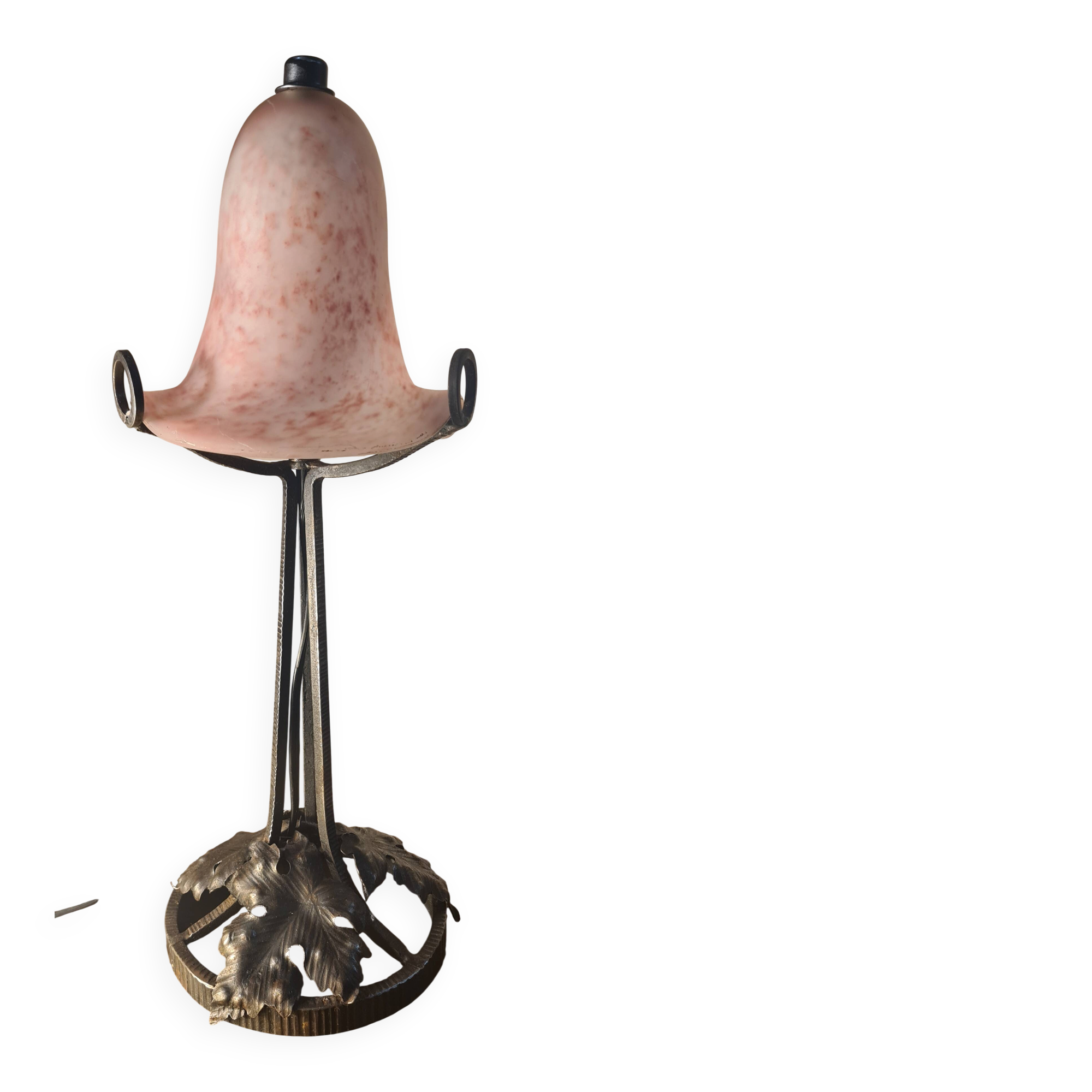 Antique wrought iron floor lamp, 1900, with a glass shade, 40x15.