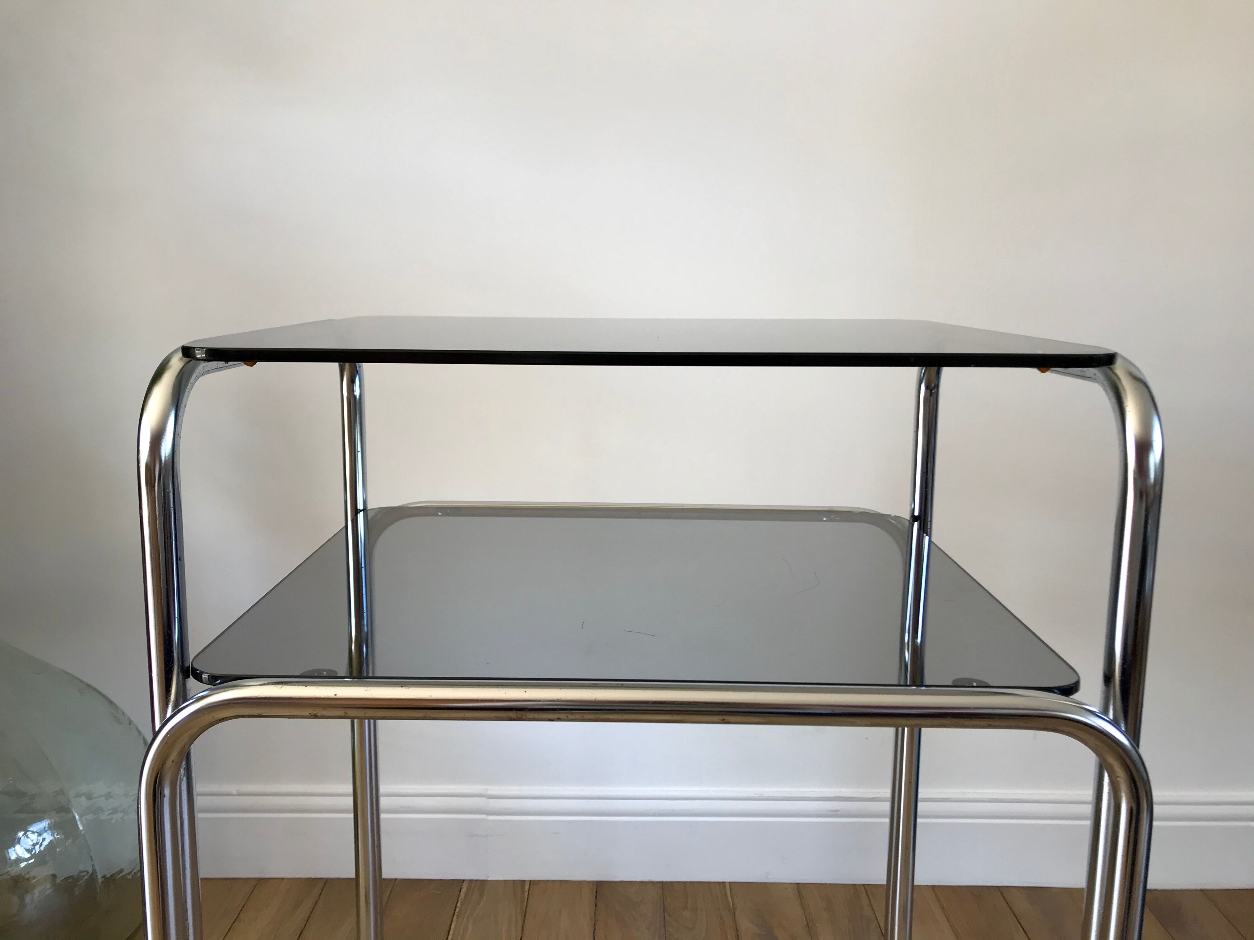 Side table in chrome and smoked glass 70s