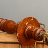 Carved wooden lamp, fiber shade