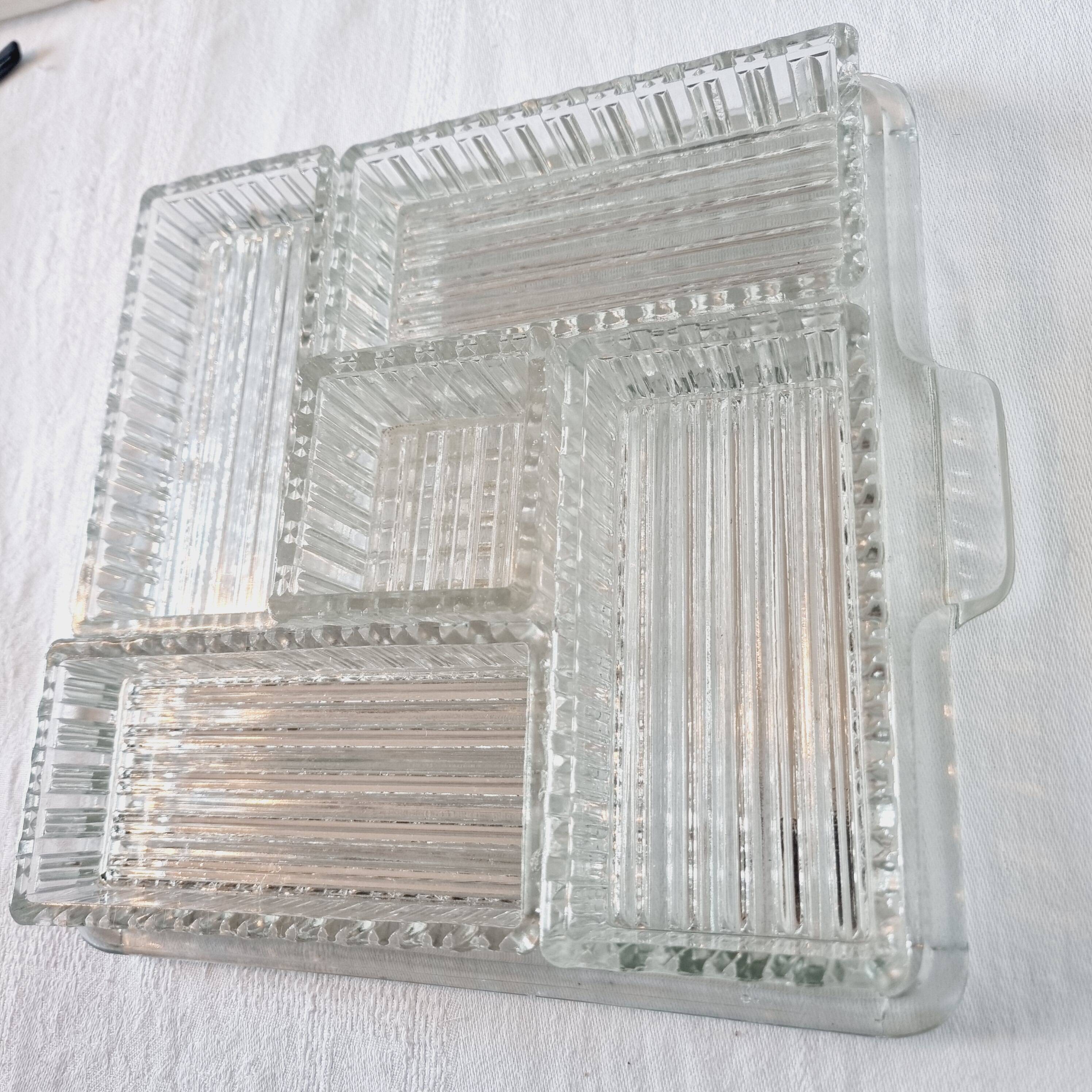 Large 6-piece aperitif tray in French molded rock crystal from the 50s and 60s