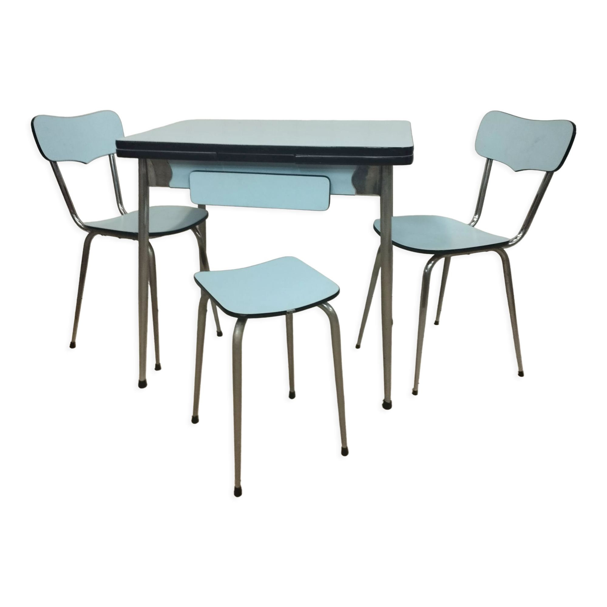 Blue formica table 2 chairs 1 mdj stool