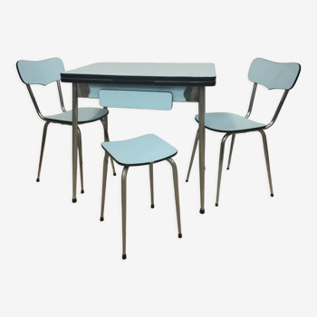 Table en formica bleu 2 chaises 1 tabouret MDJ