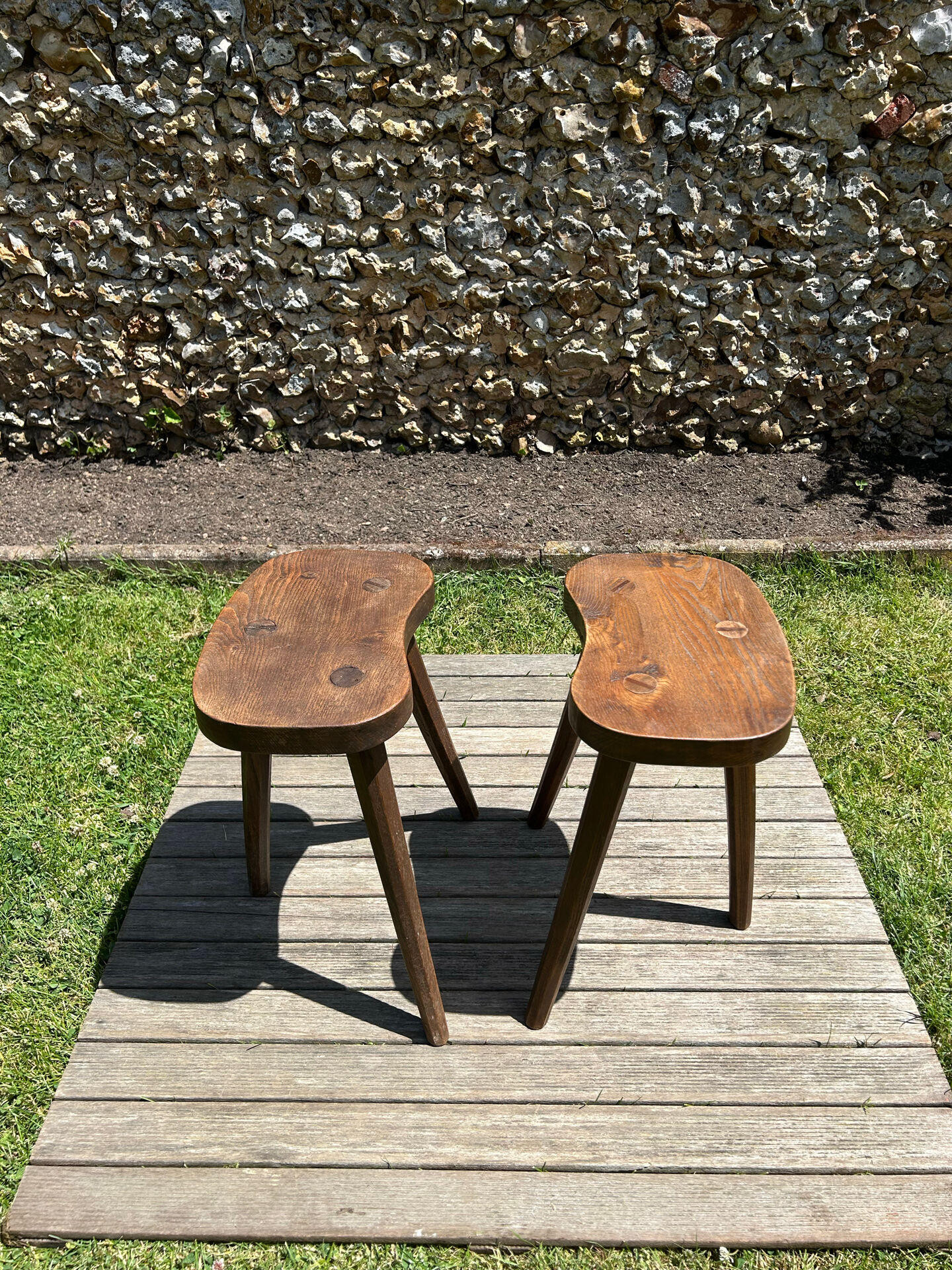 Pair of vintage farmhouse stools in solid oak