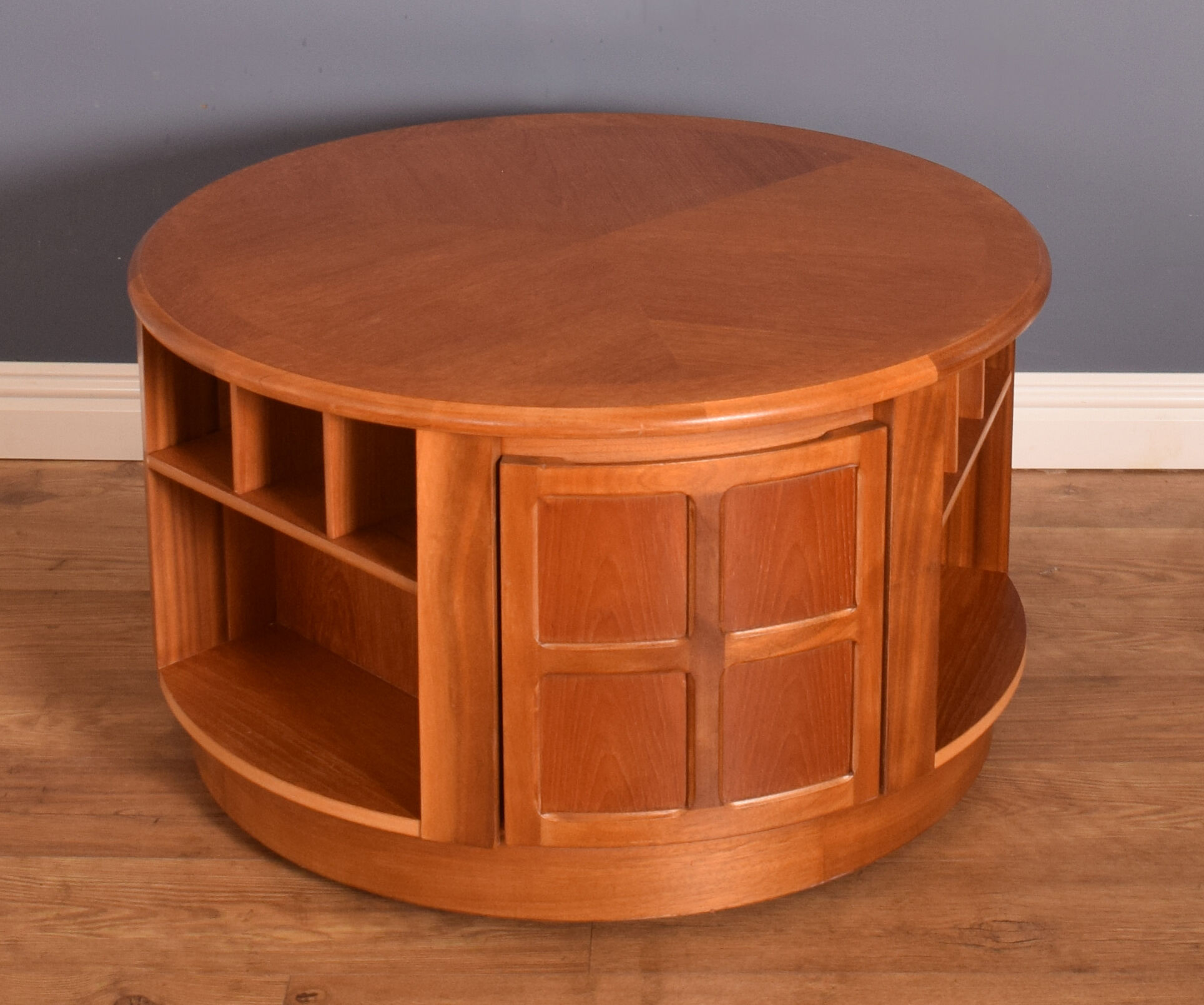 Restored teak retro round nathan squares drum coffee table collectors item