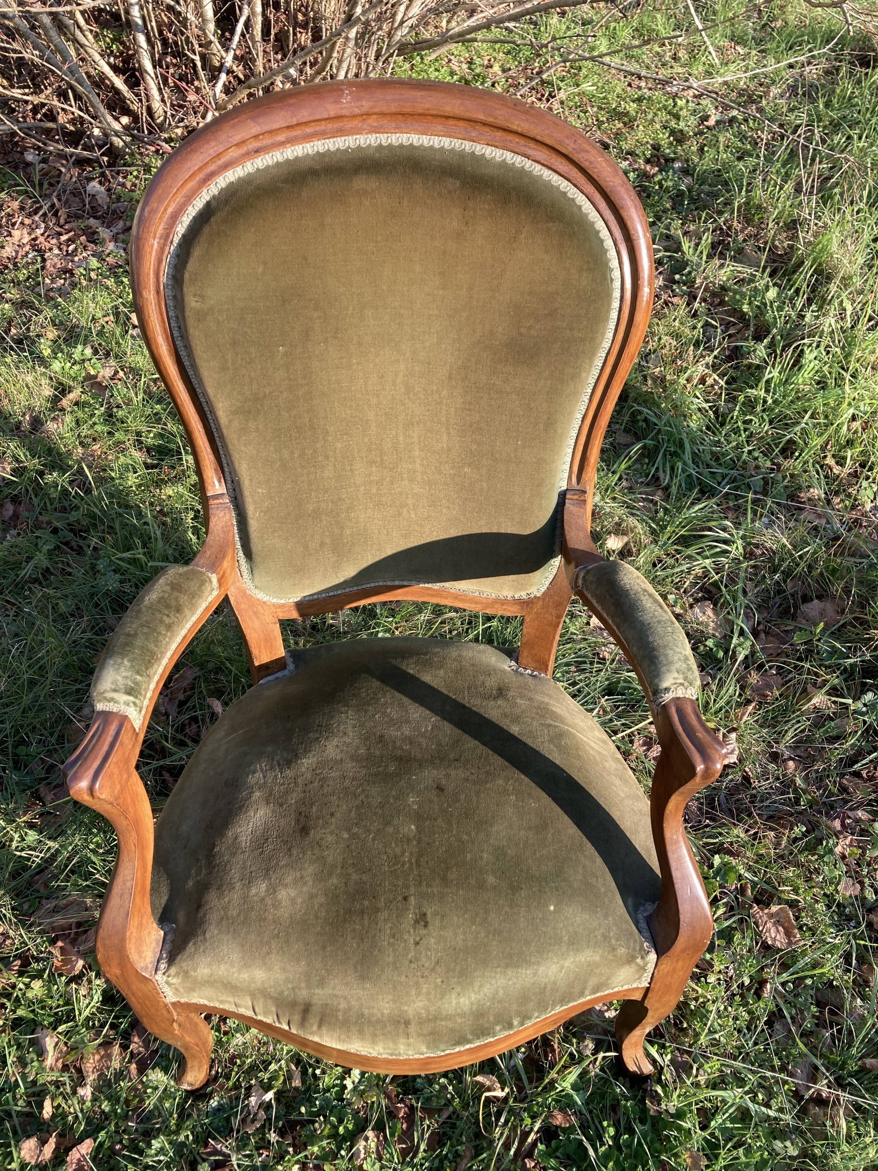 Armchair Voltaire Louis Philippe in wood green velvet XIX