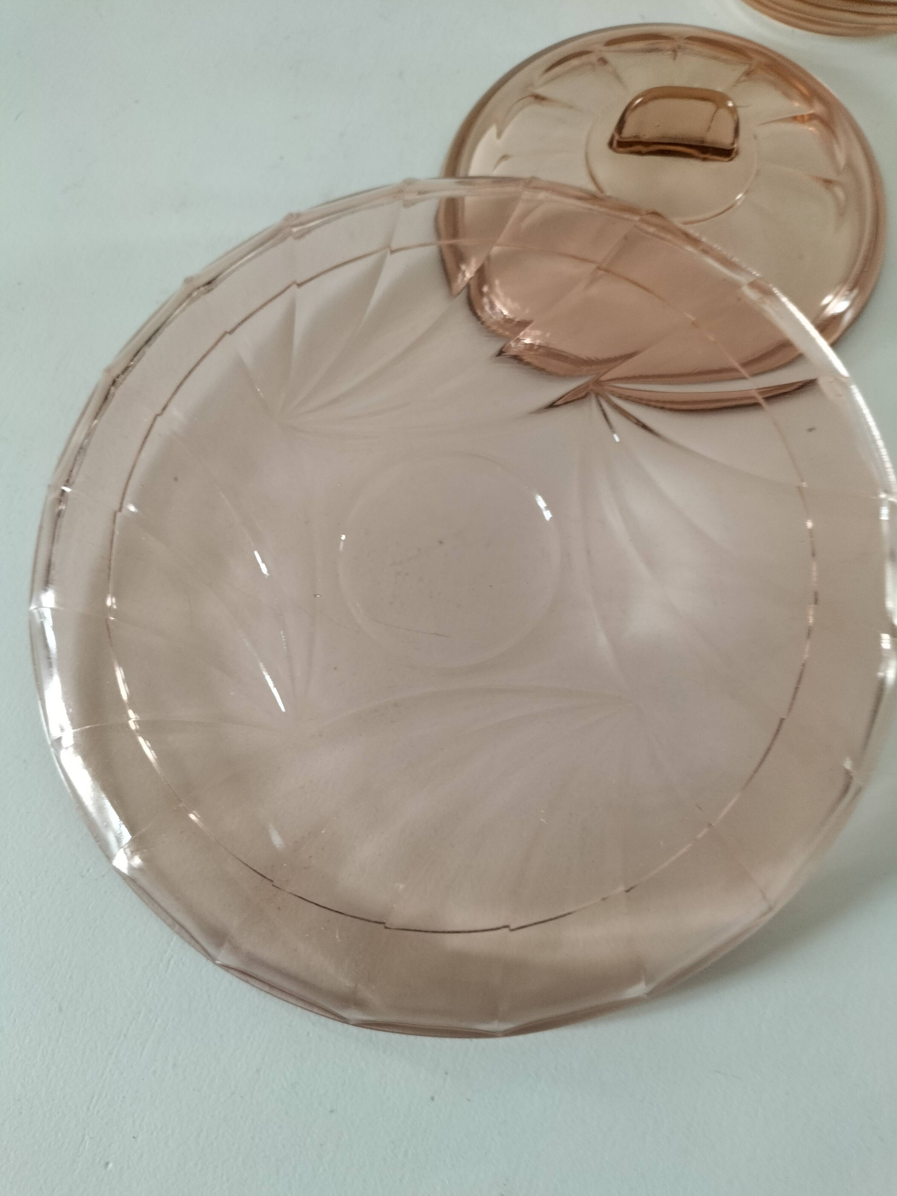 Orange-pink pressed glass trio