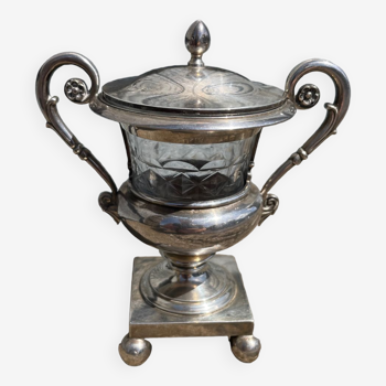 Mustard pot in silver and crystal