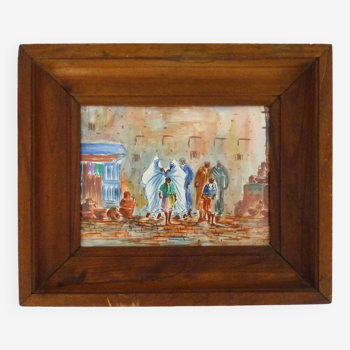 Original orientalist watercolor rue d'Alger. Watercolor framed and signed