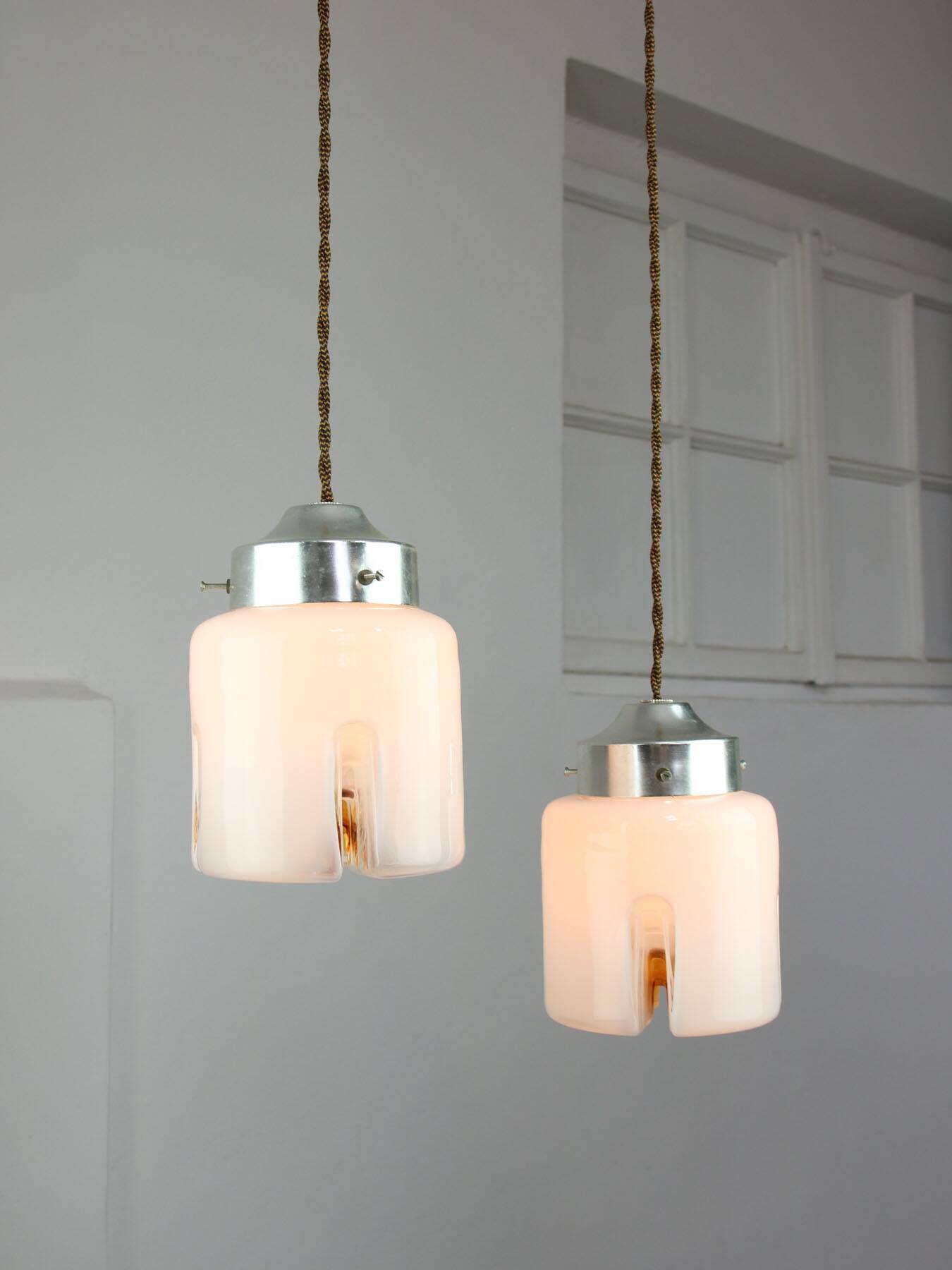 Mid-Century Italian Chrome and Glass Pendant Lamps, Set of 2