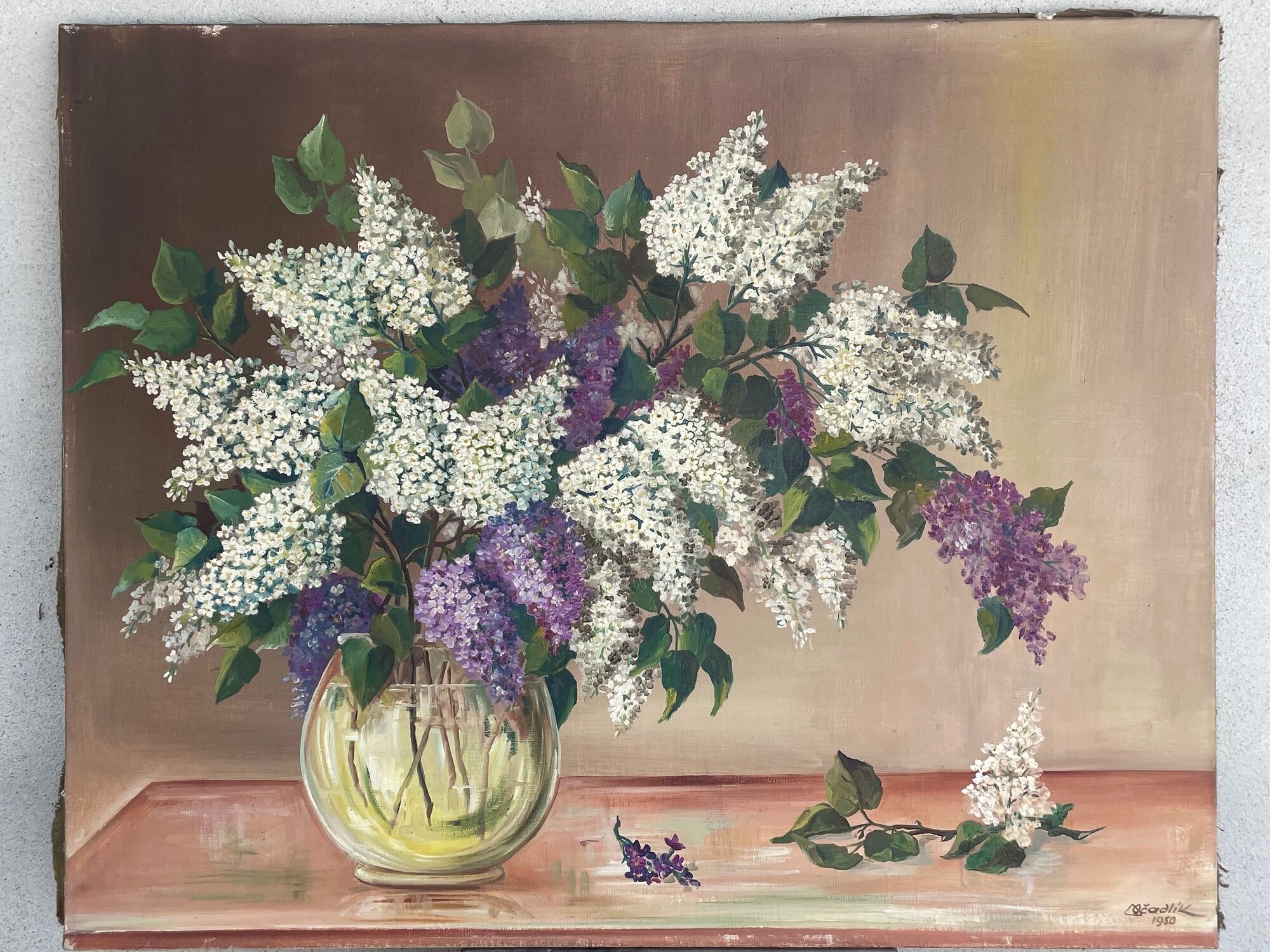 Painting without frame Oil on canvas Signed Ocadlik, Bouquet of lilacs