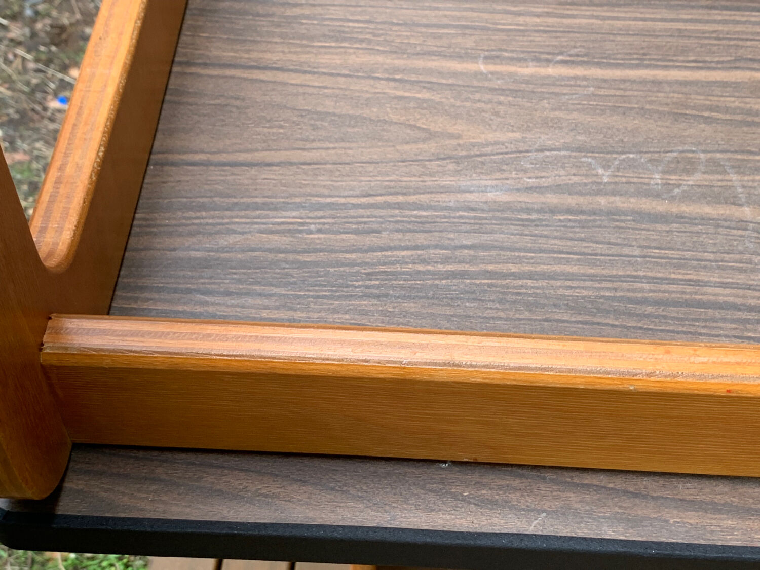 Children's wooden and formica desk and sled chairs 1970