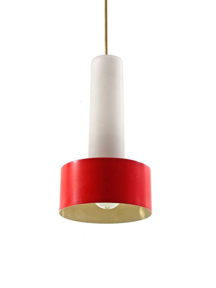 Philips Louis Kalff Mid-Century Hanging Lamp – Red and Opal Glass