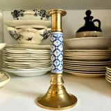 Candlestick in gilded brass and blue earthenware