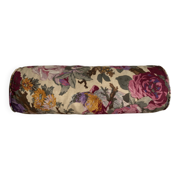 Coussin polochon de campagne en toile de lin 1950 à fleurs XL — Beyit