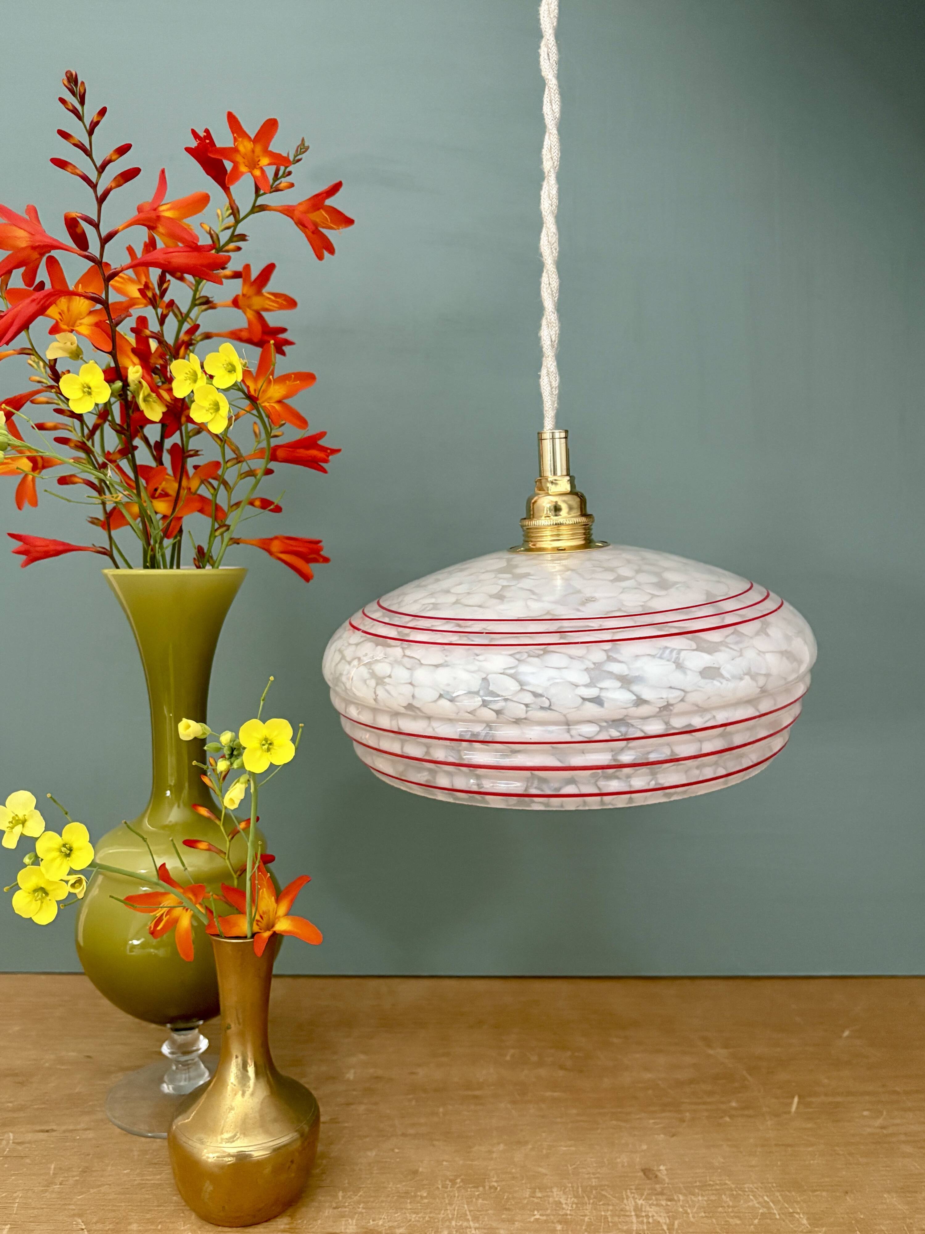 Vintage white clichy glass lampshade pendant light with red trim