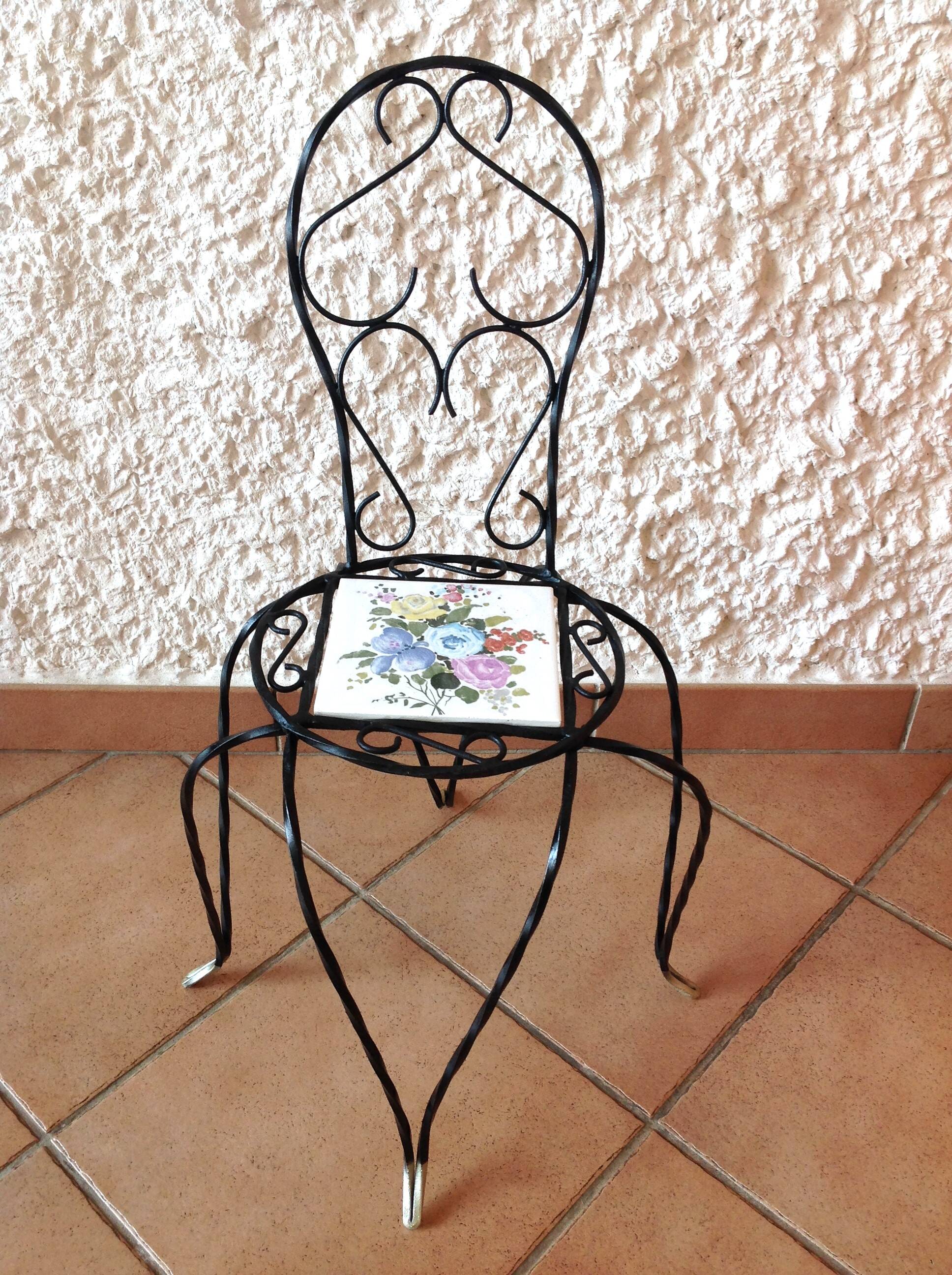 Plant holder "chair" in wrought iron and earthenware / vintage 60s-70s