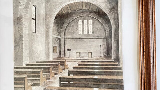 Tableau ancien aquarelle intérieur chapelle sur papier