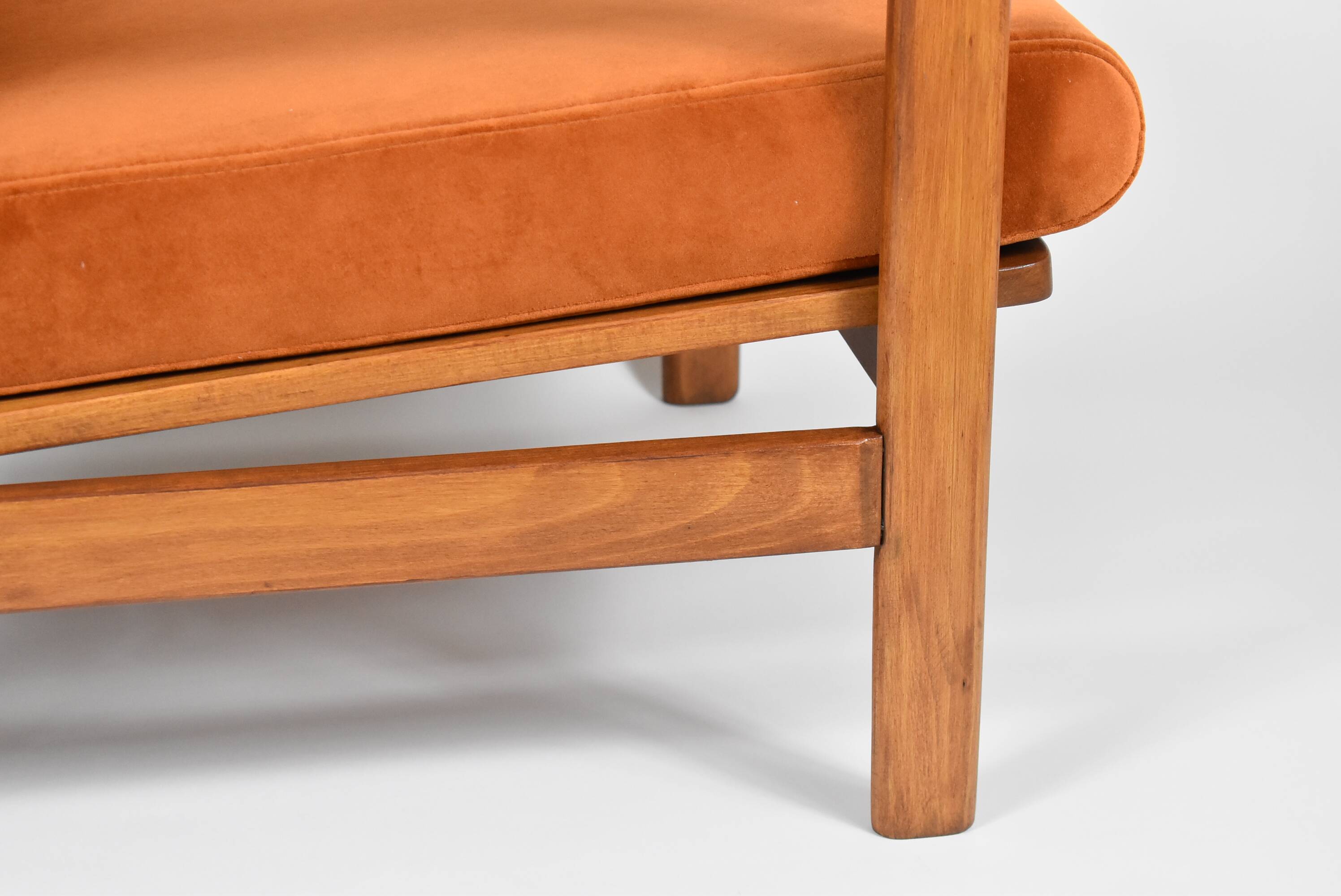 Fauteuil scandinave d'origine restauré, années 60, rouille, velours