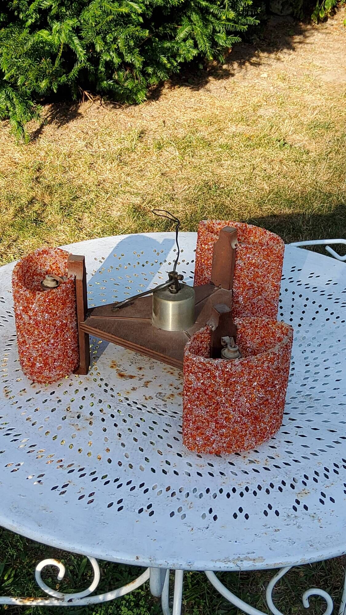 70s Scandinavian style chandelier in wood and orange granite resin 3 lights