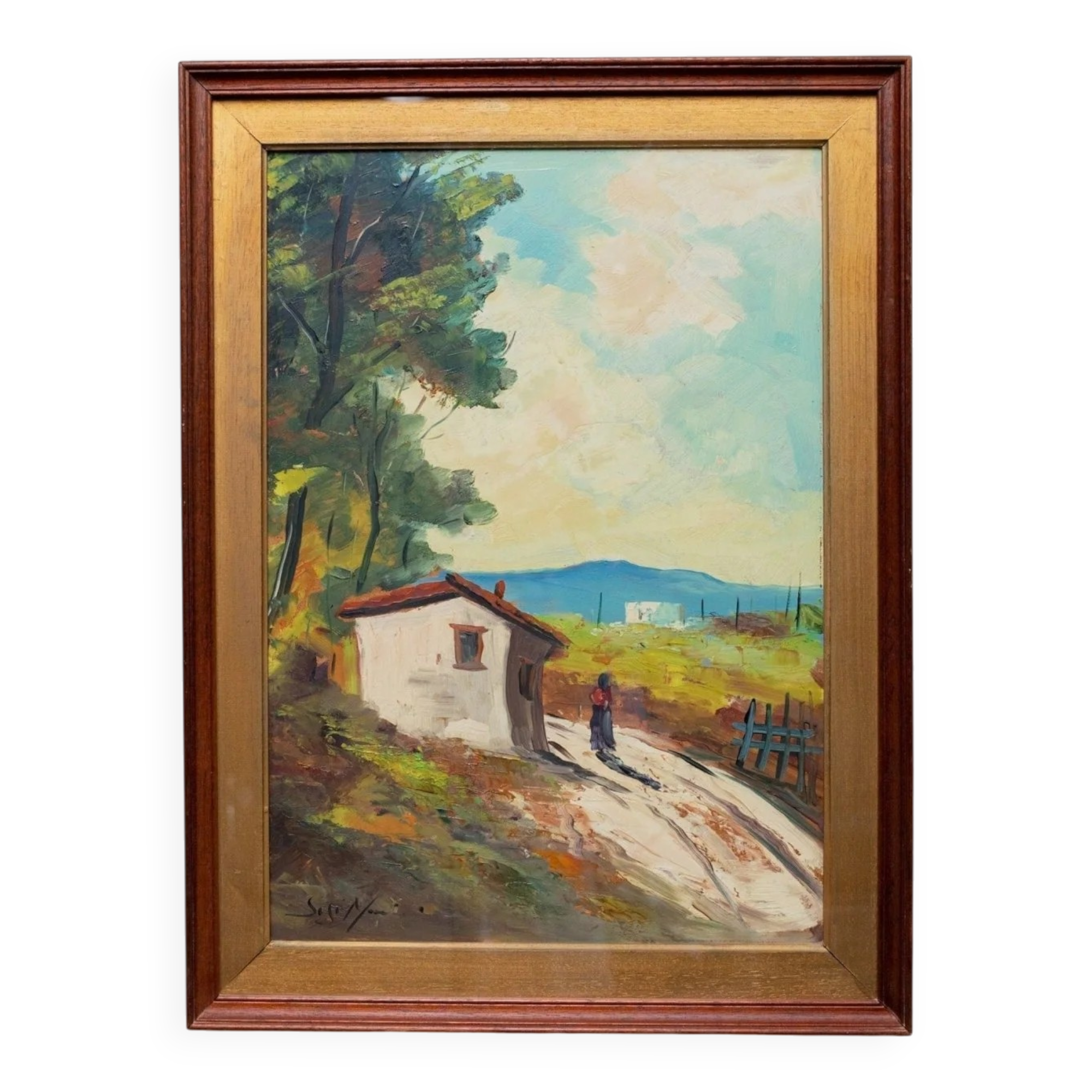 XL Vintage Oil Painting on Wood Panel in a Golden Frame, 1960s Italy Landscape with Woman