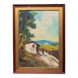XL Vintage Oil Painting on Wood Panel in a Golden Frame, 1960s Italy Landscape with Woman