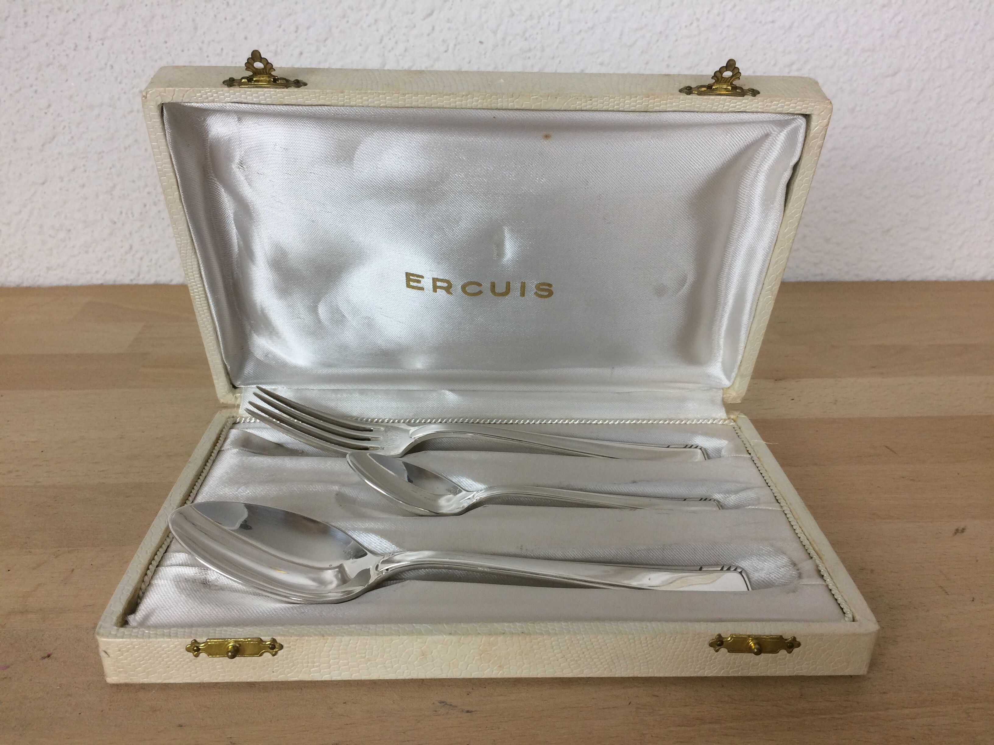 Ercuis silver metal, birth or baptism cutlery box