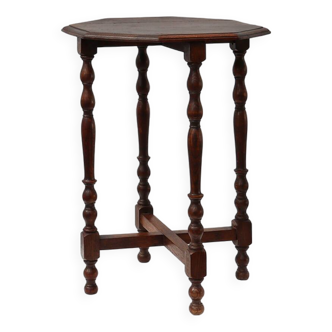 Mid-century French hexagonal turned legs oak side table, France 1940s