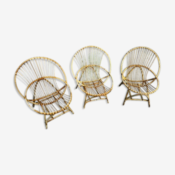 Set of 3 rattan ball and wicker armchairs