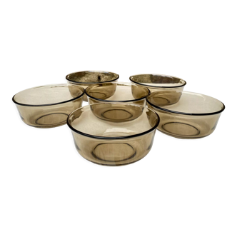 Set of 6 amber/smoked Arcopal ramekins