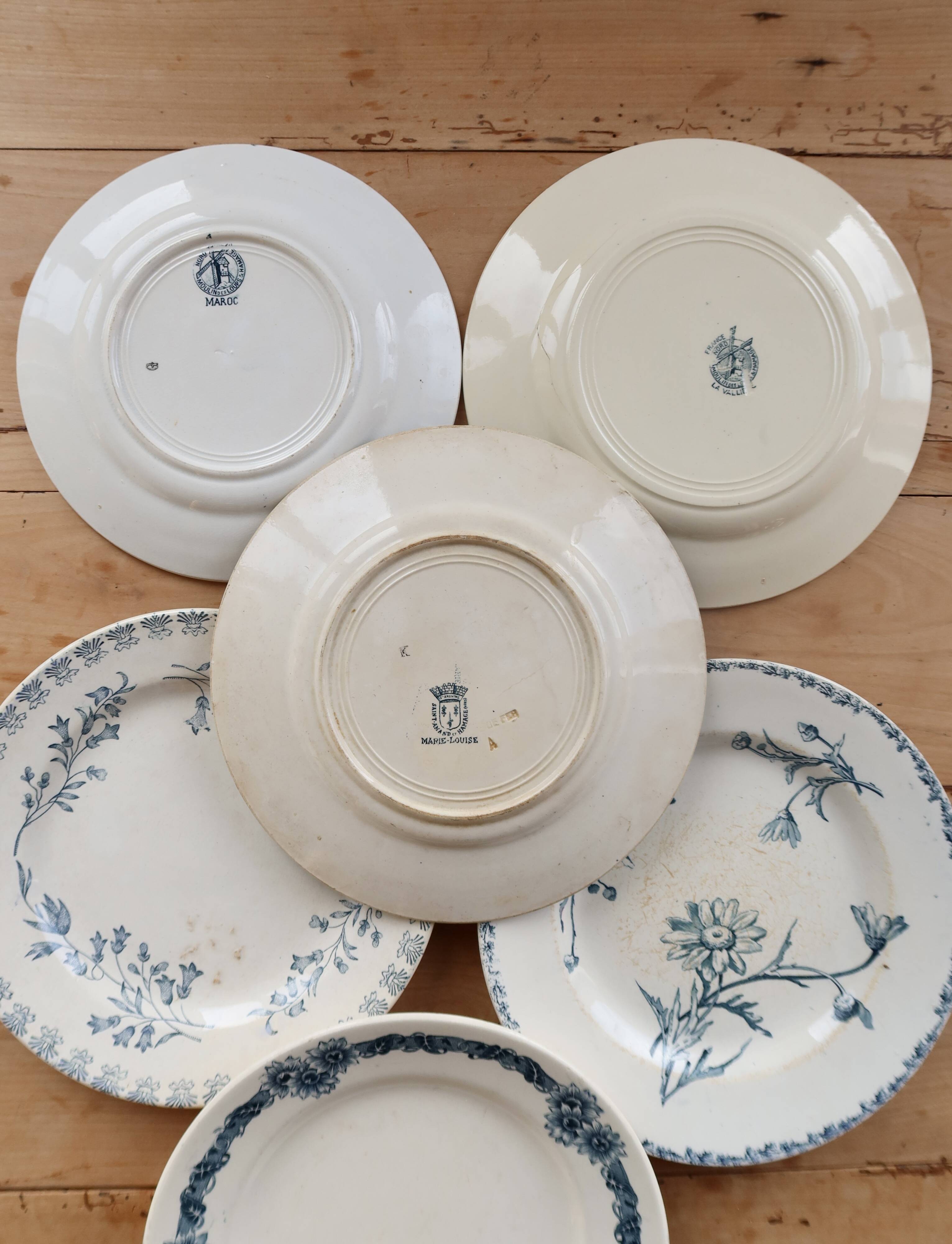 Mismatched vintage flat plates in ironstone - Blue decor