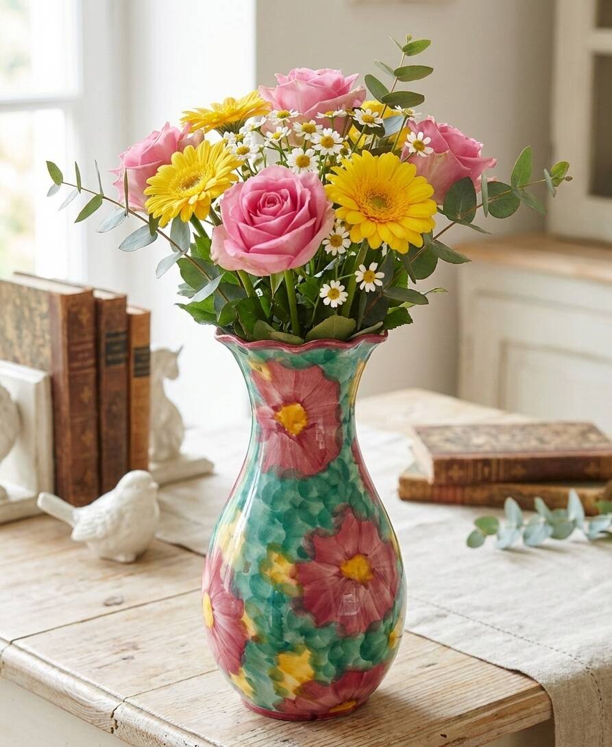 Vintage Floral Ceramic Vase - Large Barbotine Vase with Pink Flowers