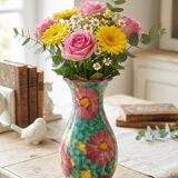 Vintage Floral Ceramic Vase - Large Barbotine Vase with Pink Flowers