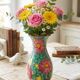 Vintage Floral Ceramic Vase - Large Barbotine Vase with Pink Flowers