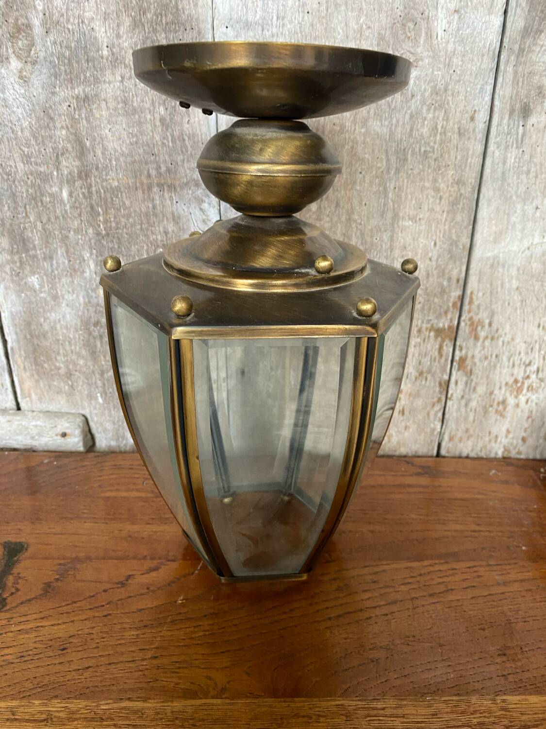 Antique brass lantern ceiling light + 6 faceted beveled glass vintage