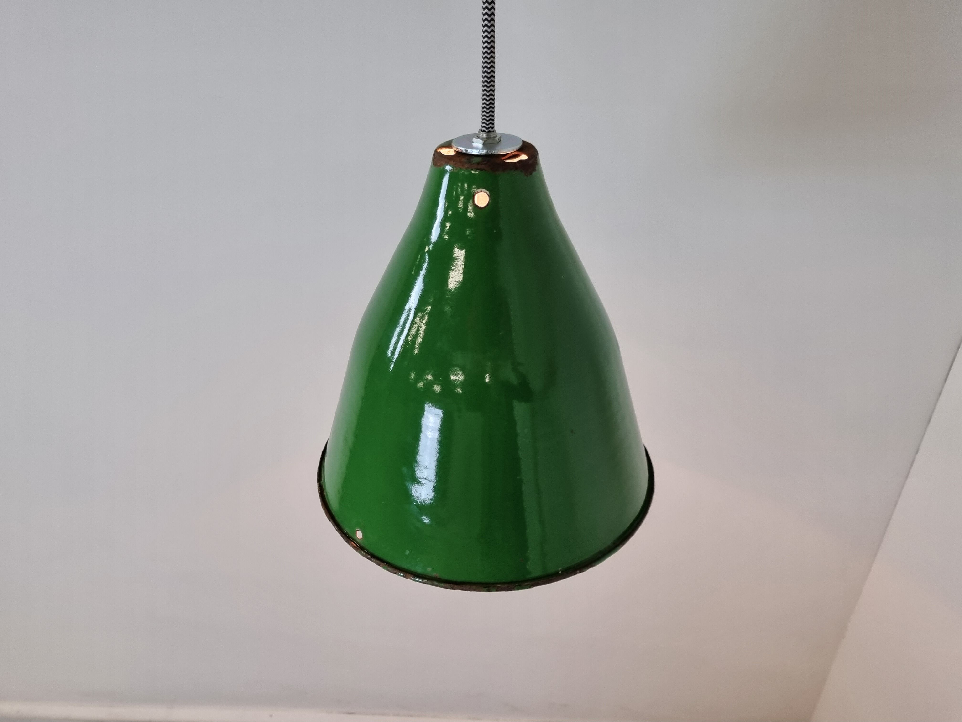 Small vintage industrial green enamel pendant lights, 1960s