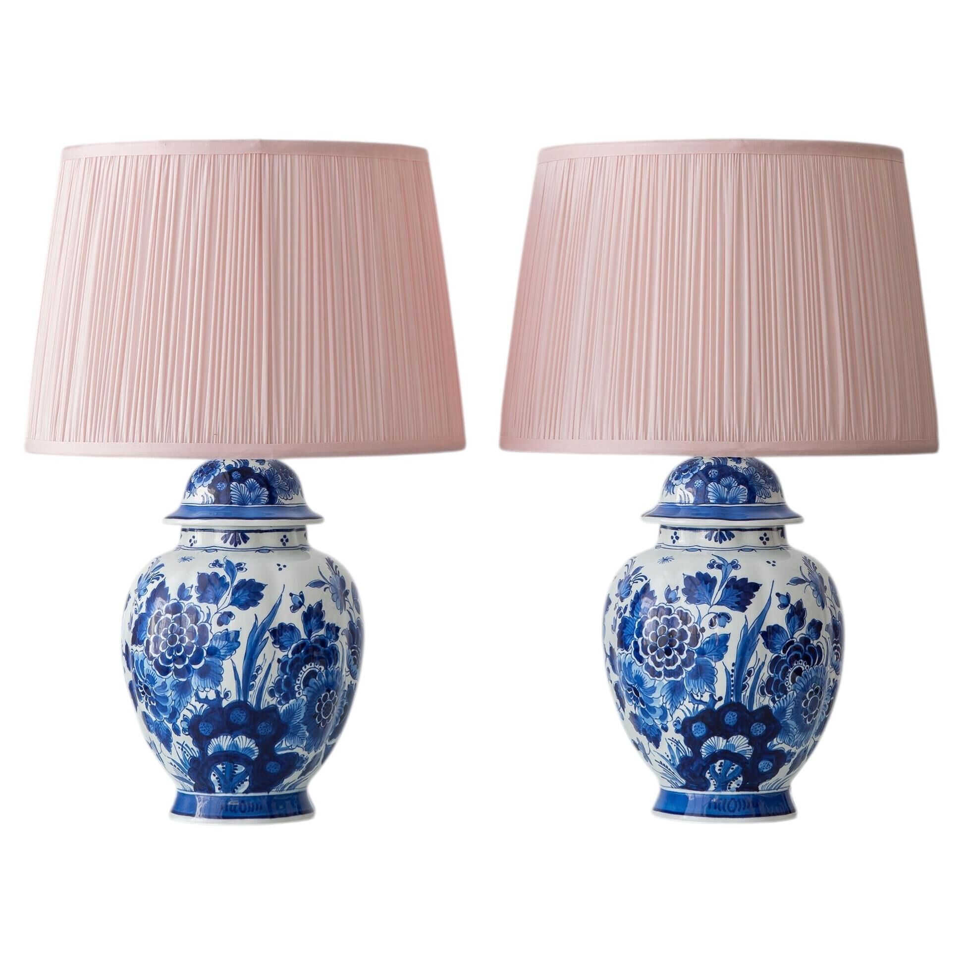 Pair of Royal Delft Blue & White Hand-Painted Floral Ginger Jar Table Lamps