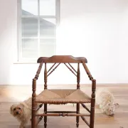 Rare antique Dutch oak armchair with rush seat