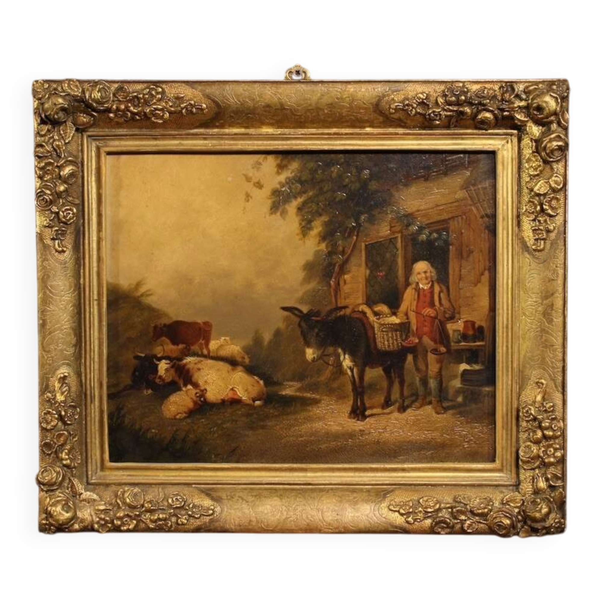 Peinture anglaise antique d'une scène de genre rural datée de 1866