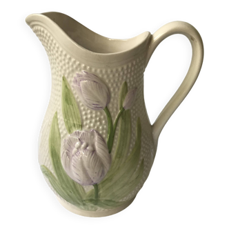 Barbotine pitcher with embossed tulip decoration and spike