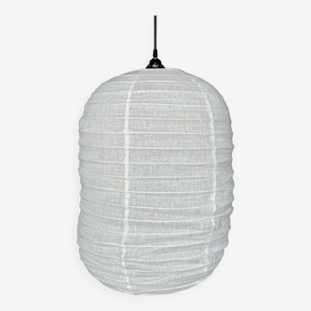 Medium Japanese-style natural rattan and linen pendant lamp in the shape of a lantern H60 D45