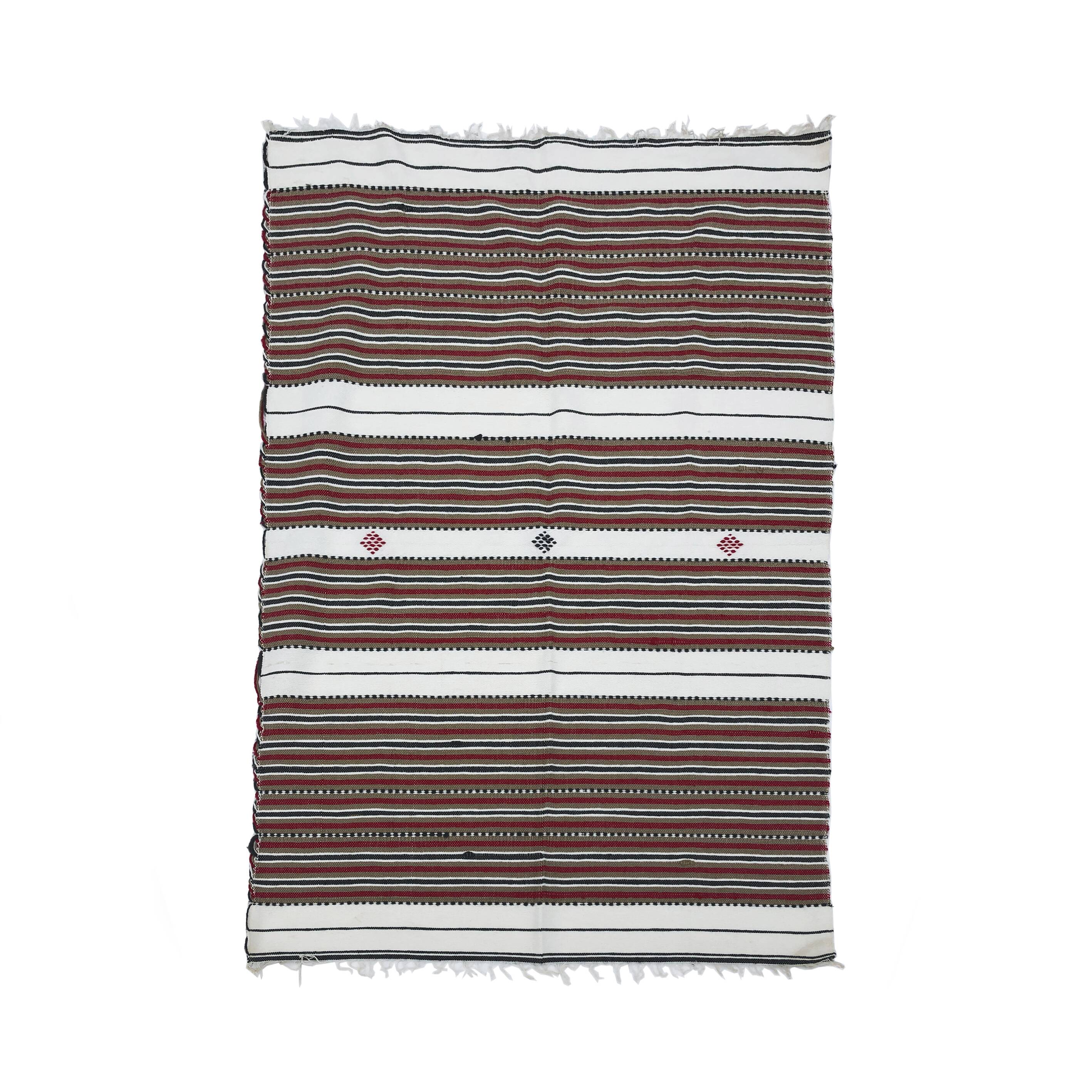 Vintage Handmade Weaved Brown Striped Algerian Rug 1980s Throw Cotton