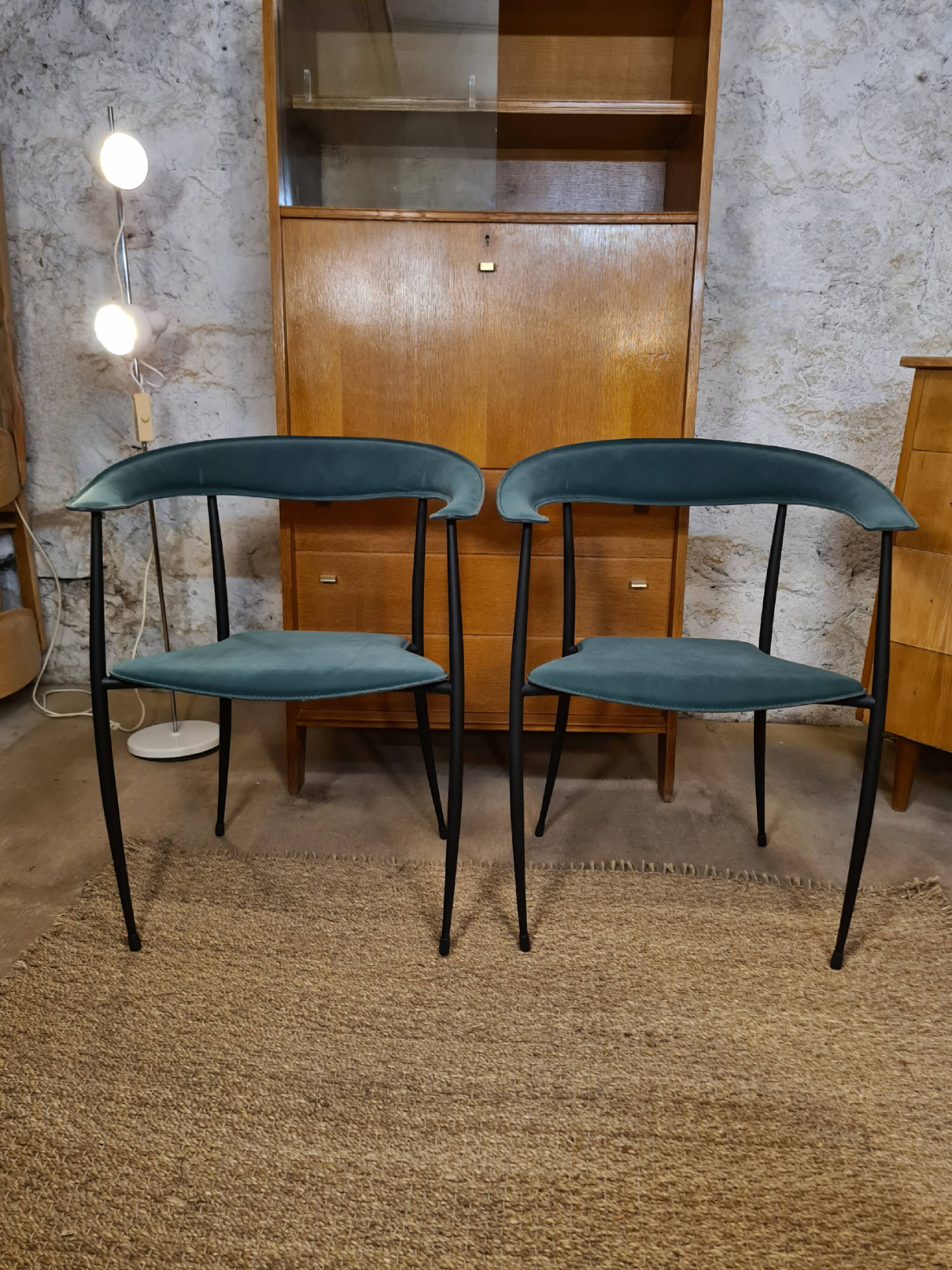 Pair of vintage suede chairs with metal legs from Arper.