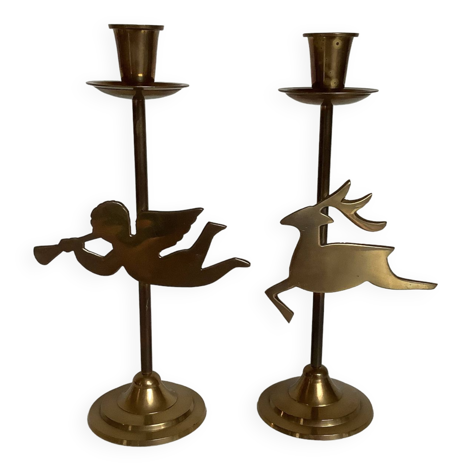 Pair of brass Christmas angel and reindeer candle holders