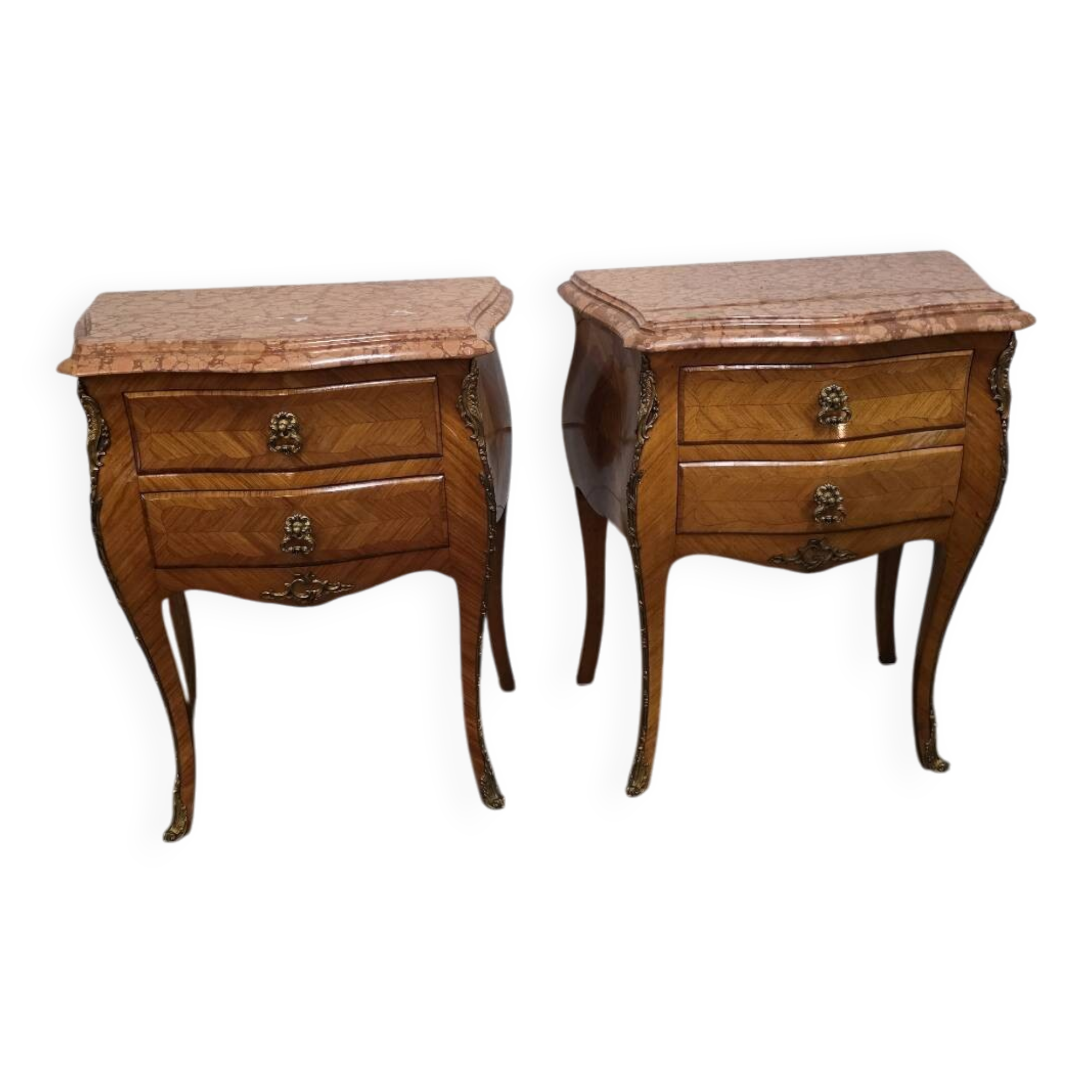 Pair of Louis XV style curved bedside tables in marquetry